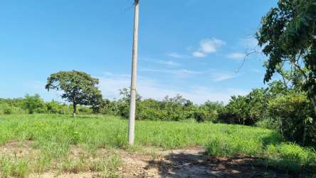 Gravel road with power lines passing through green countryside