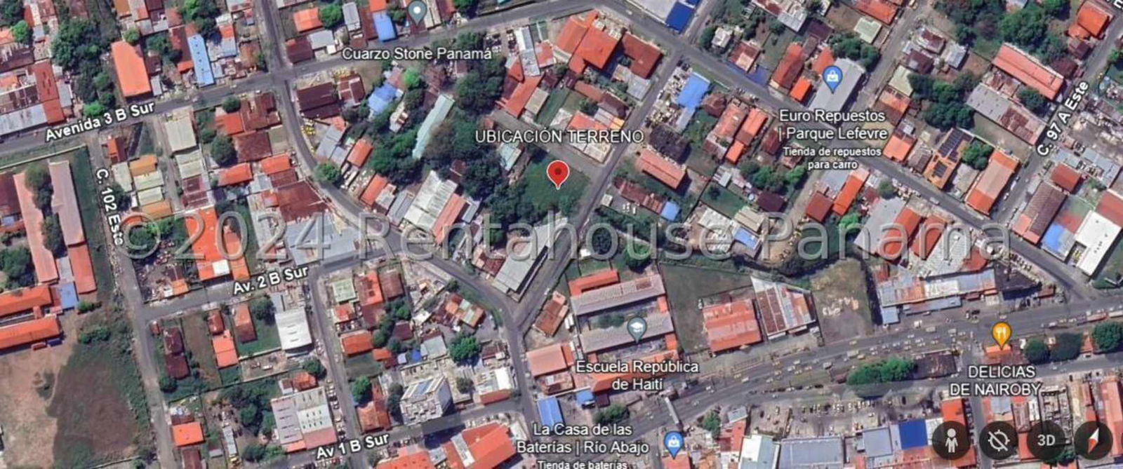 Aerial neighborhood satellite view with central highlighted vacant land Parque Lefevre Panama City