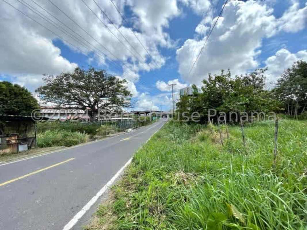 Paved road with electric poles bordering a cleared corner lot in central Panama City