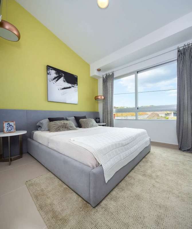 Open plan living dining with large window in duplex house sale Panama