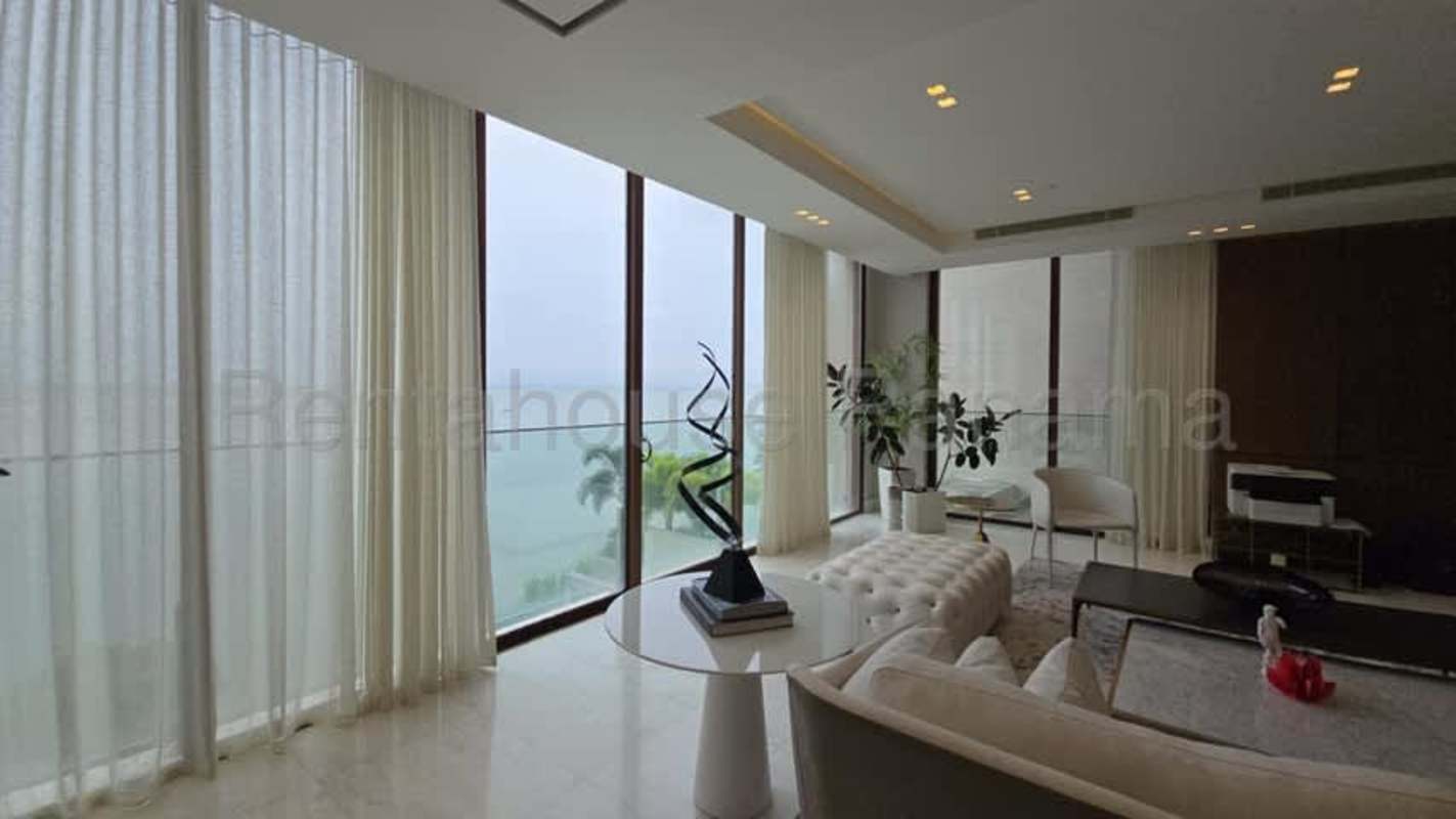 Luxury bathroom with glass shower marble finishes at Trump Ocean Club Punta Pacífica