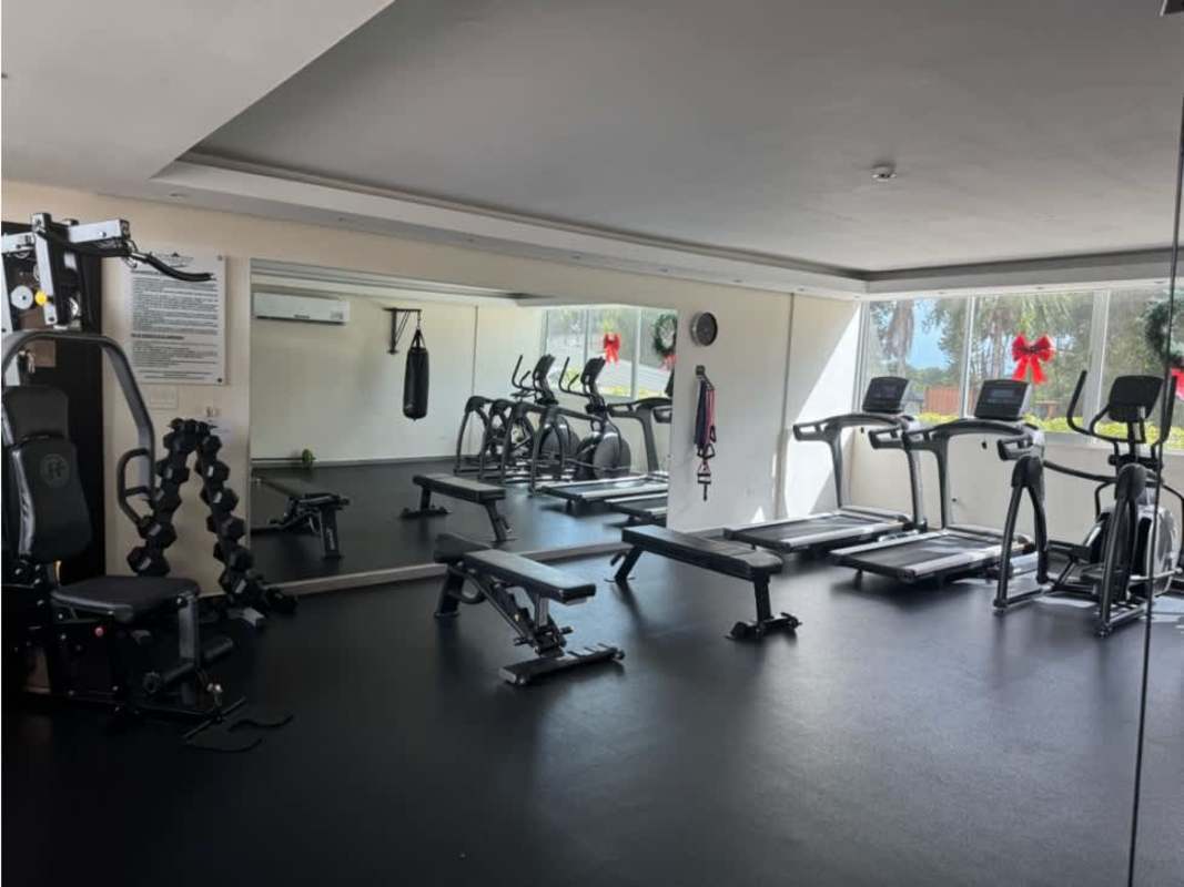 Modern gym with fitness equipment wall mirrors natural light PH Pine Hills apartment for sale Panama