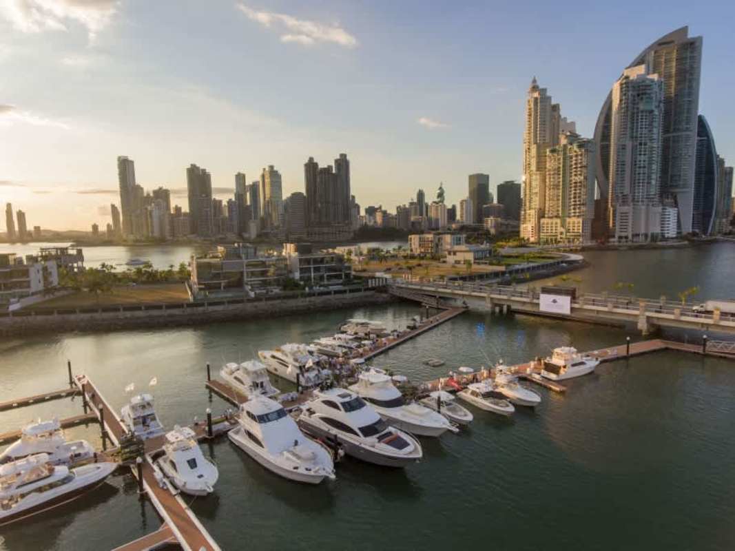 Panoramic aerial view of luxury yachts, marina and city skyline on Ocean Reef Islands Panama