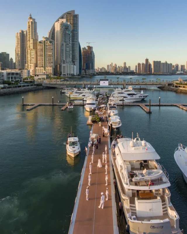 Luxury marina filled with yachts and modern city towers at Ocean Reef Islands Panama