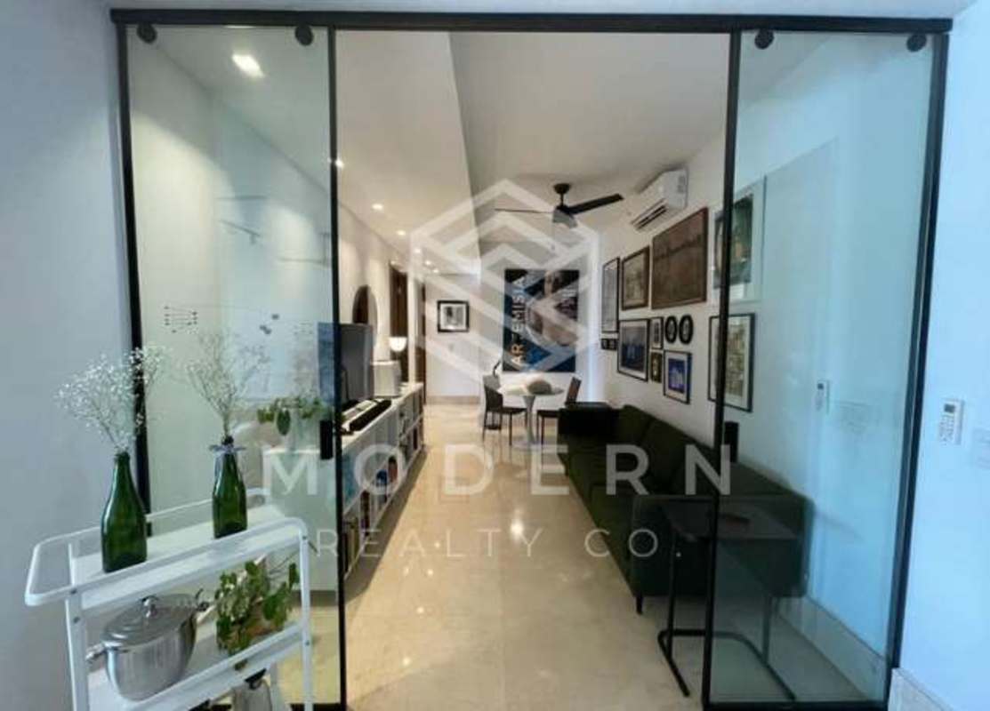 Large balcony overlooking Santa María golf course and skyline luxury apartment for sale Panama