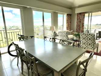 Bright living room with terrace access, ocean and lagoon views in penthouse Buenaventura Panama