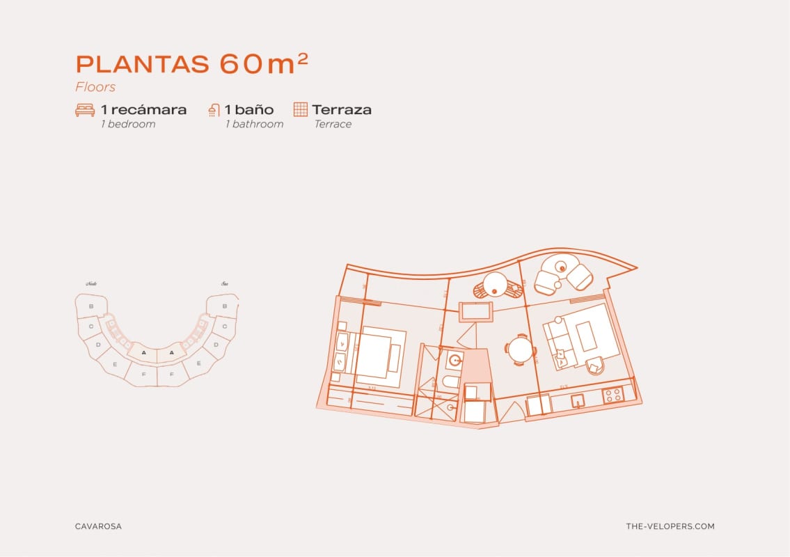 Floor plan condominium 60m2 with balcony one bedroom, one bath PH Ocean Bay Amador Panama