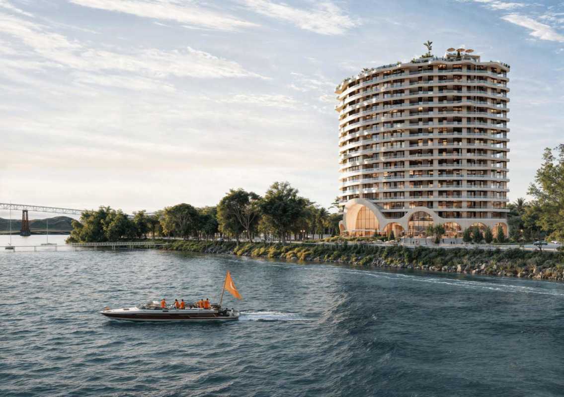 Facade of PH Ocean Bay luxury condos on waterfront with balconies in Amador Causeway Panama