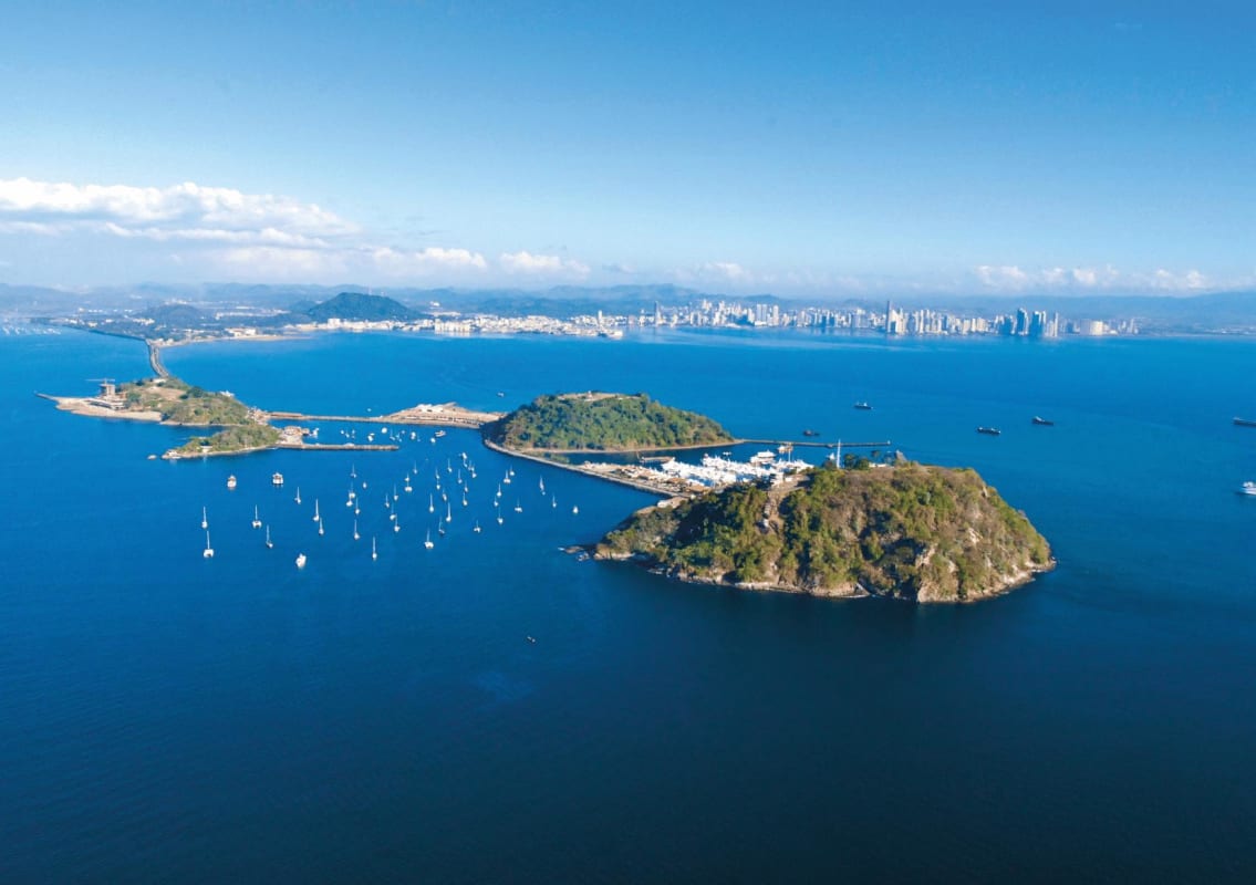 Coastal aerial view islands, marinas and Panama City skyline near Amador Causeway Panama