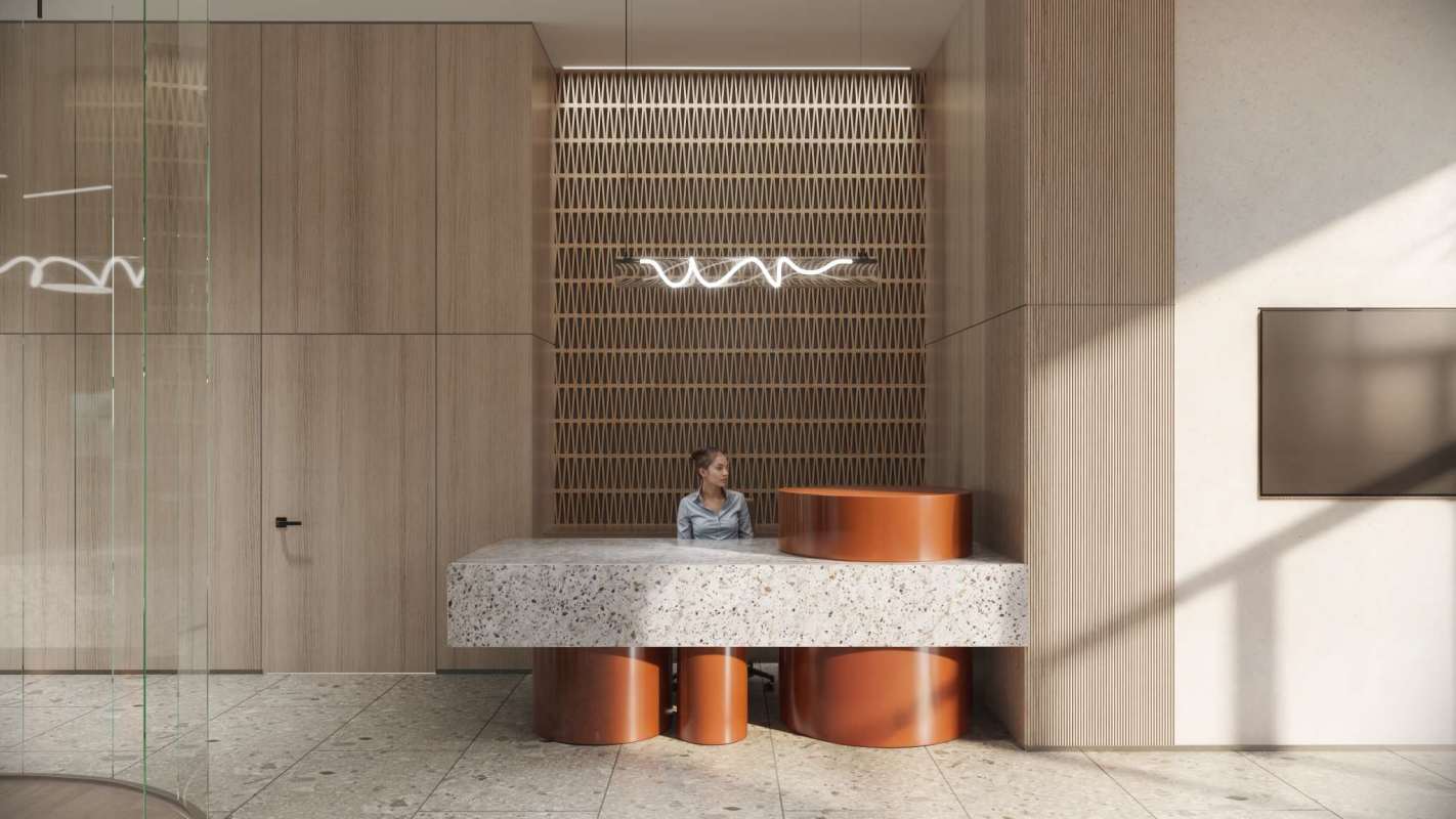 Modern kitchen with marble backsplash and open plan living in Marbella pre-construction condo Panama