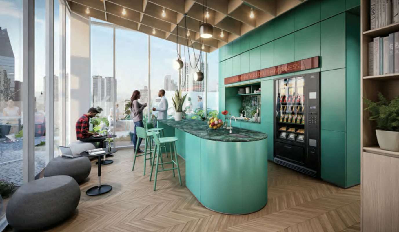 Modern communal kitchen lounge with city views PH El Cangrejo Towers Panama