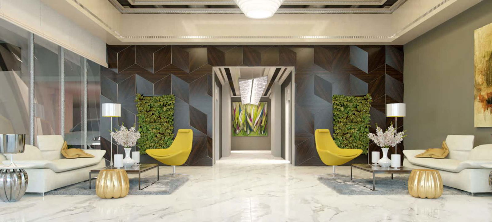 Double-height modern lobby with marble floors living wall at PH El Cangrejo