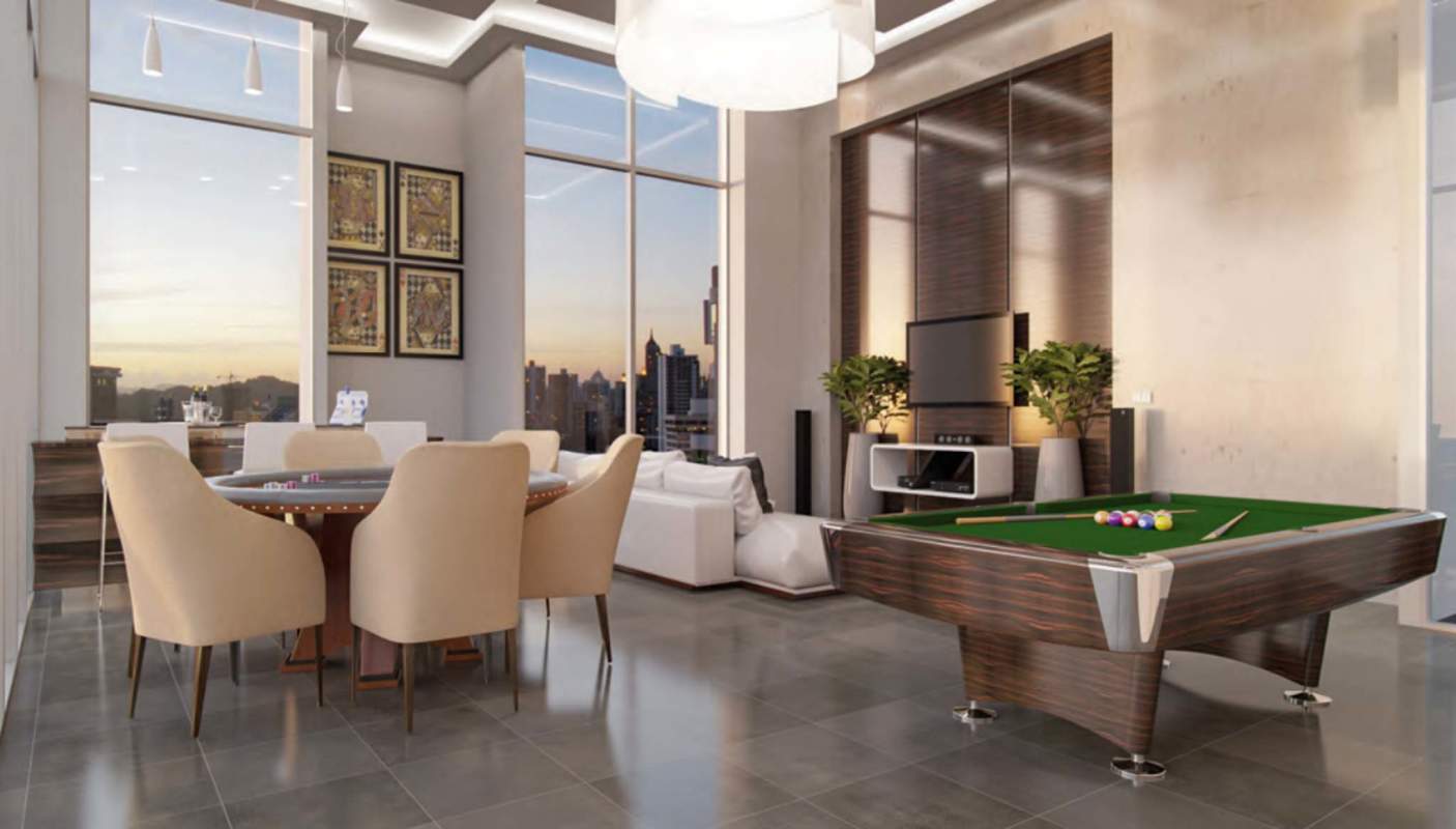Luxury entertainment room with city views poker and billiard tables El Cangrejo Panama
