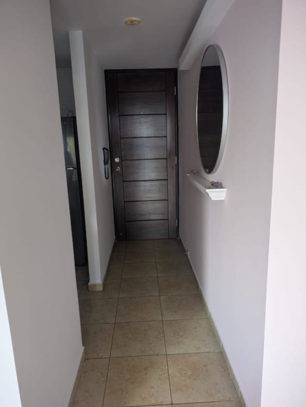 Minimalist apartment hallway with mirror dark wood door PH Torres de Transistmica Panama