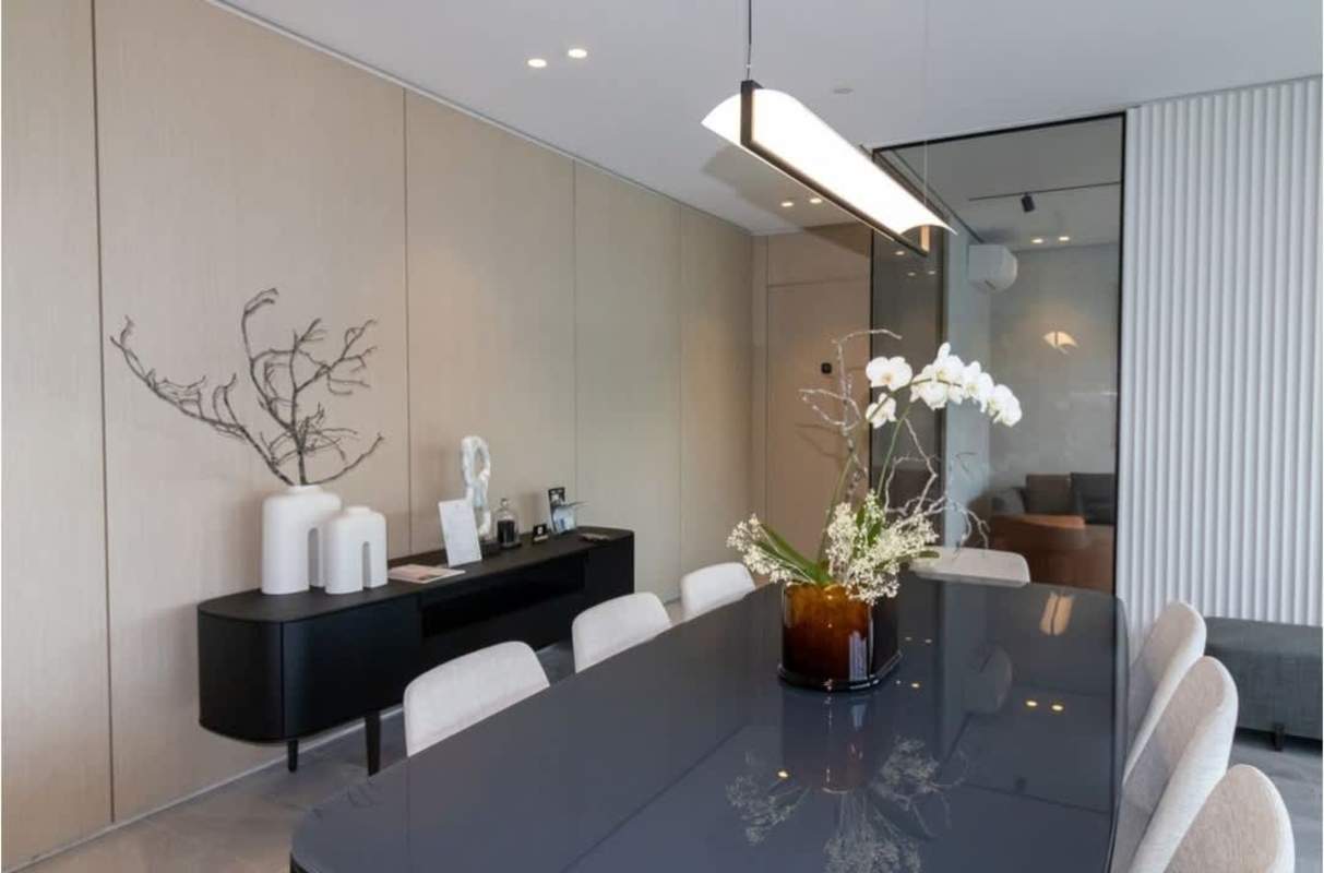 Contemporary bathroom with marble tiles, walk-in shower, modern fixtures in Santa María Panama