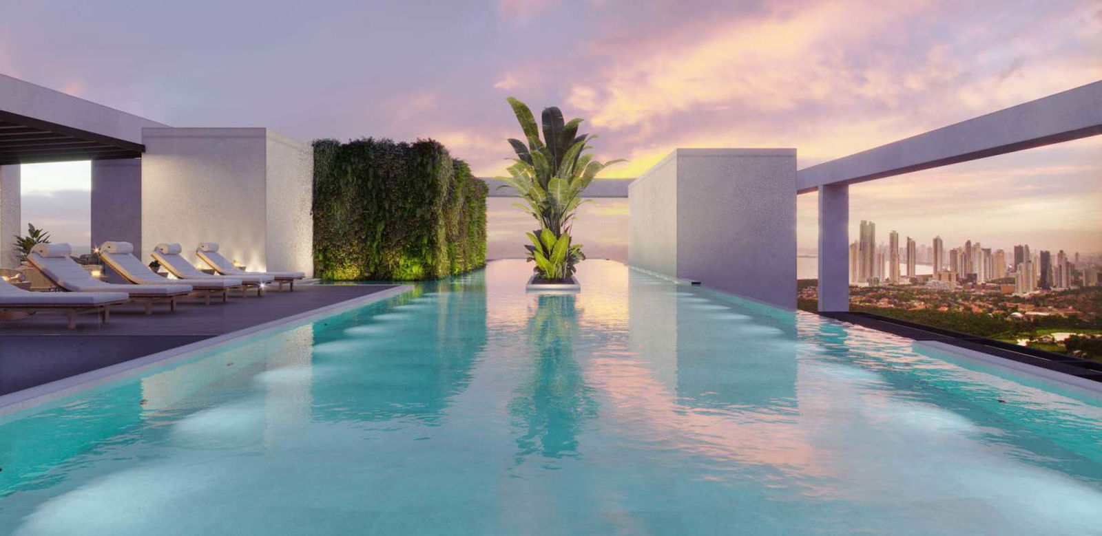 Infinity pool with skyline views on rooftop of luxury tower in Santa María Panama