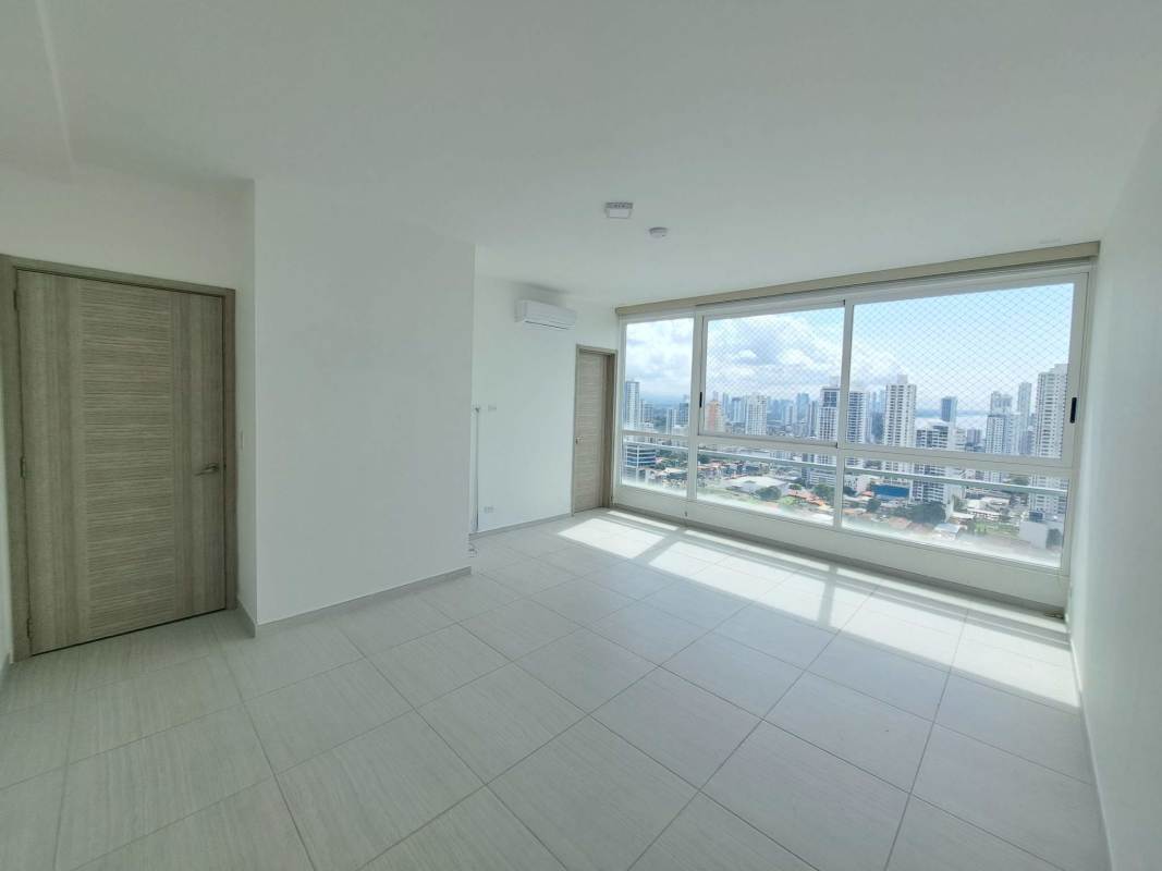 Luxury bathroom featuring double sinks, glass shower, panoramic windows in PH The Towers San Francisco Panama