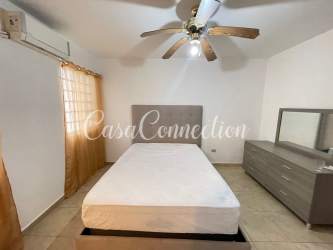 Minimalist bathroom with walk-in shower vanity and mirror in duplex rental La Fontana David Panama