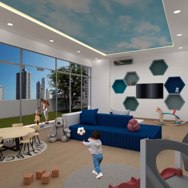 Open kitchen with dining area, large windows at PH Bella Vista Tower Panama City