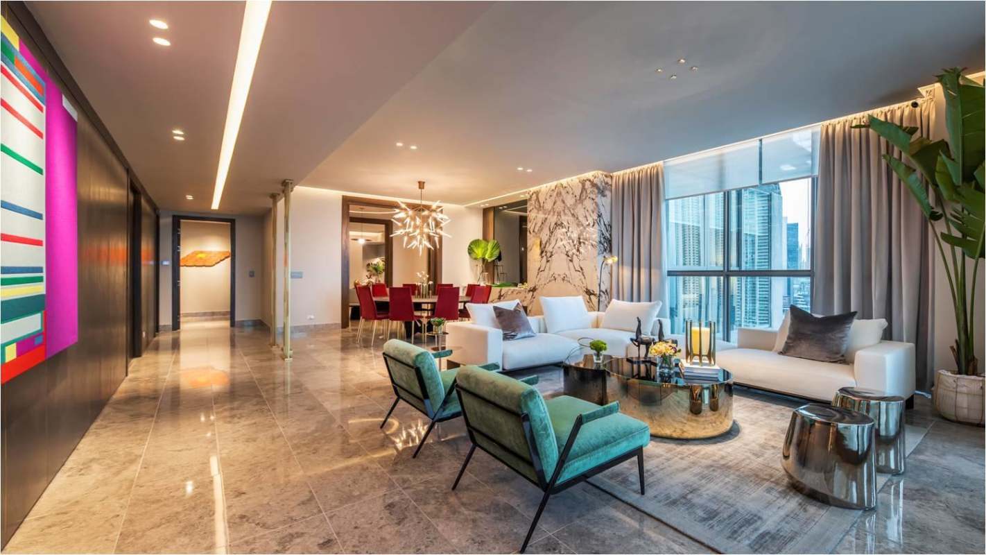 Modern bathroom featuring double vanities, glass shower, stone tiles in PH Pacific Point Punta Paitilla