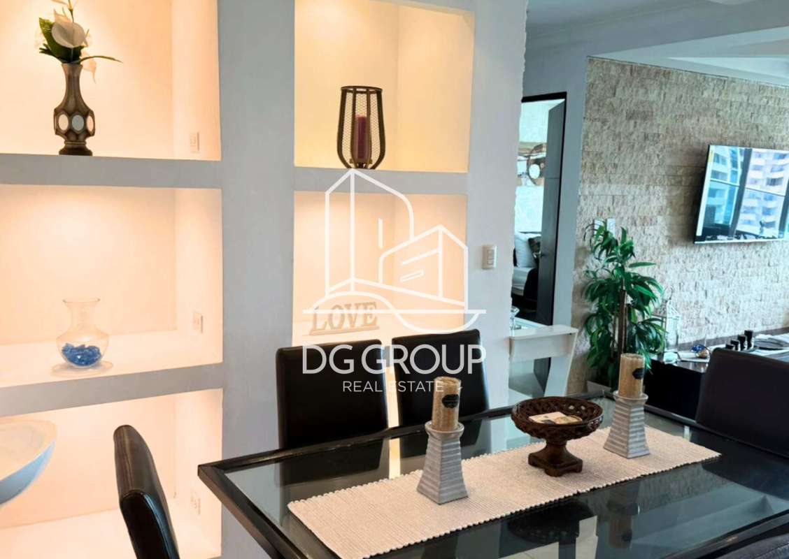 Dining room stone accent modern styling PH Pacific Hill Punta Paitilla rental