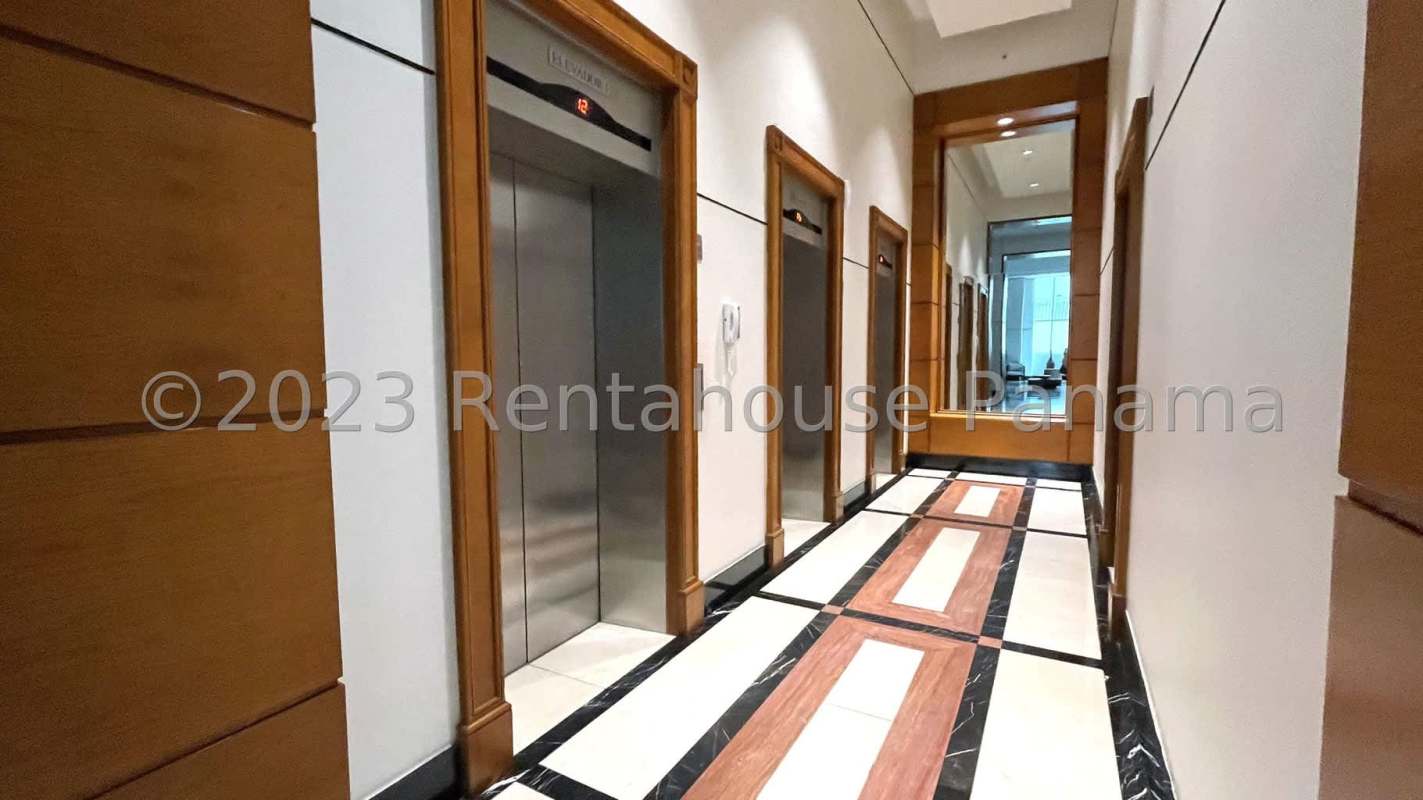 Modern marble bathroom with glass enclosed shower PH Ocean Club Punta Pacifica Panama