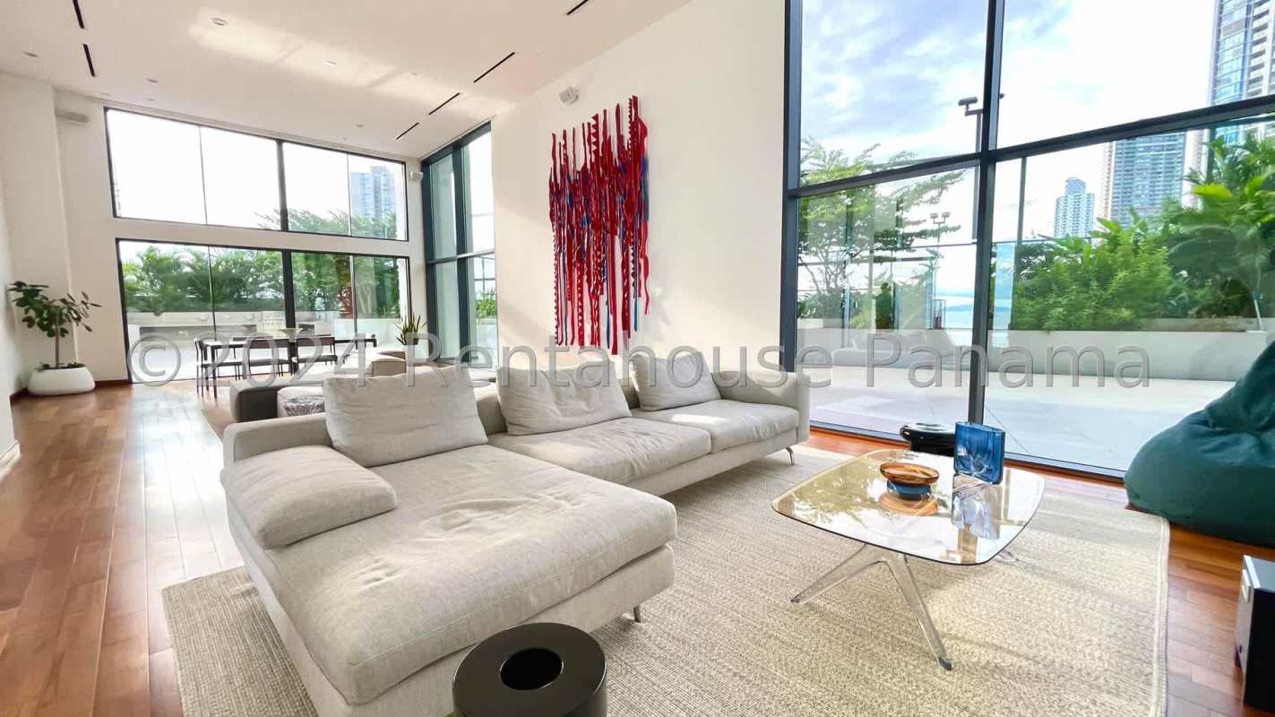 Oceanfront infinity pool overlooking skyline and Pacific Ocean in Upper East Tower Costa del Este Panama