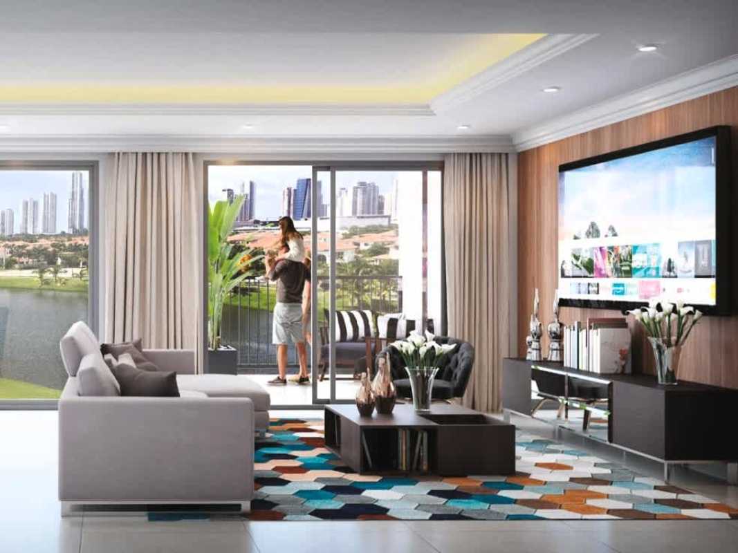 Modern living room with large sliding glass doors balcony city golf view Panama