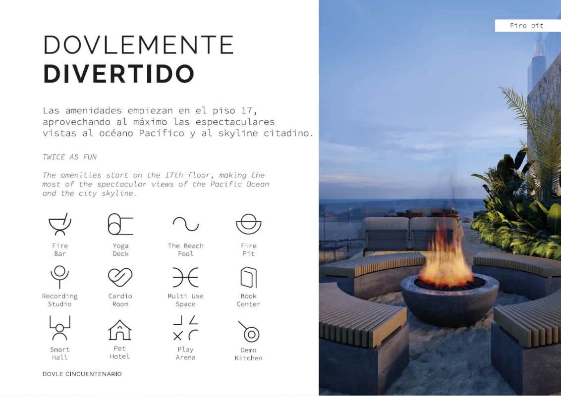 Modern rooftop lounge with ocean views, fire pit and outdoor bar at PH Dovle Panama