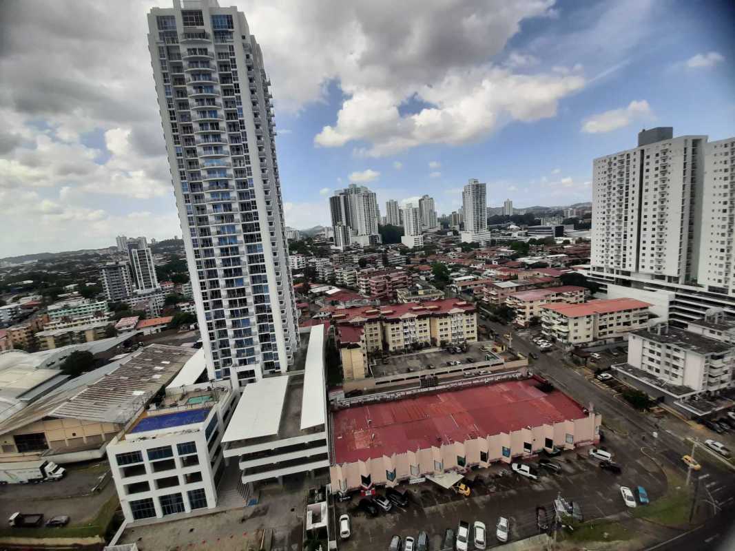 View of PH Premium tower facade and swimming pool Panama City San Francisco