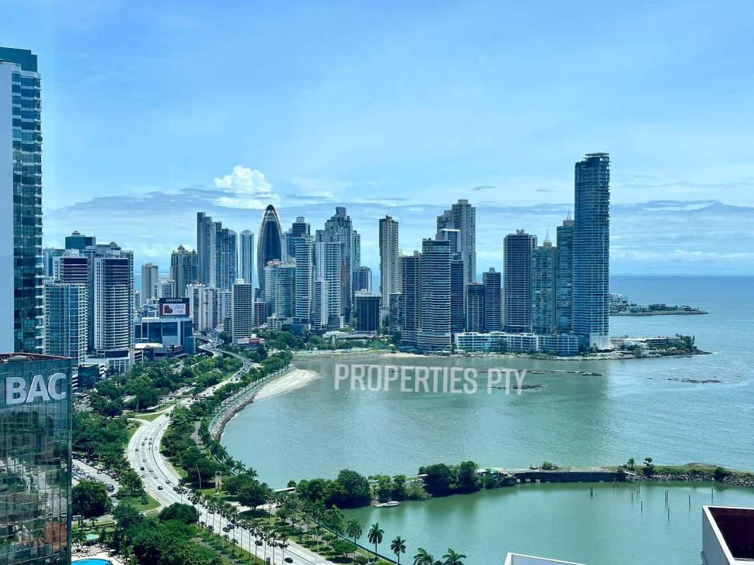 Aerial of Panama coastal skyline, skyscrapers and waterfront near Nuovo by Armani Panama