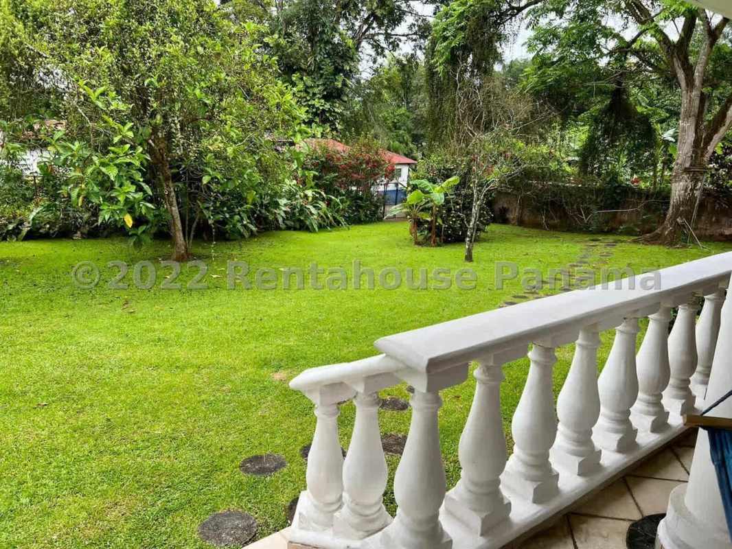 Living and dining area with blue walls, high ceilings and access to terrace in Las Cumbres house Panama