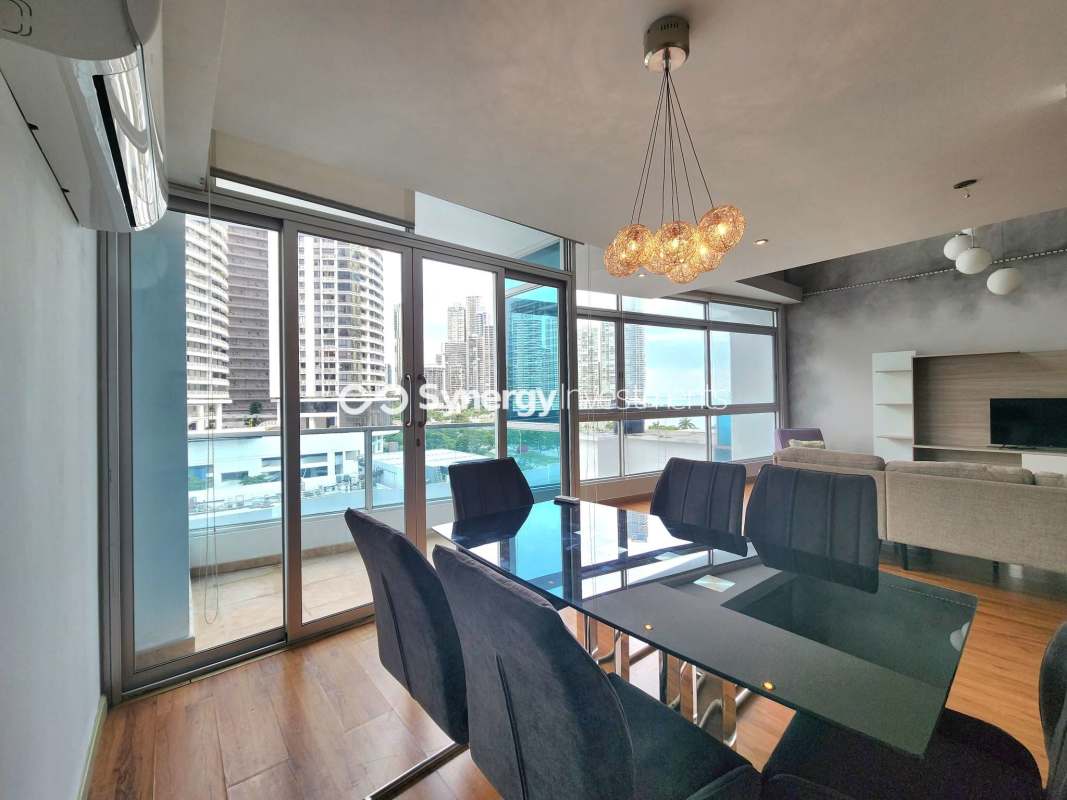 Private balcony with city skyscraper views at PH BICSA loft apartment Panama City