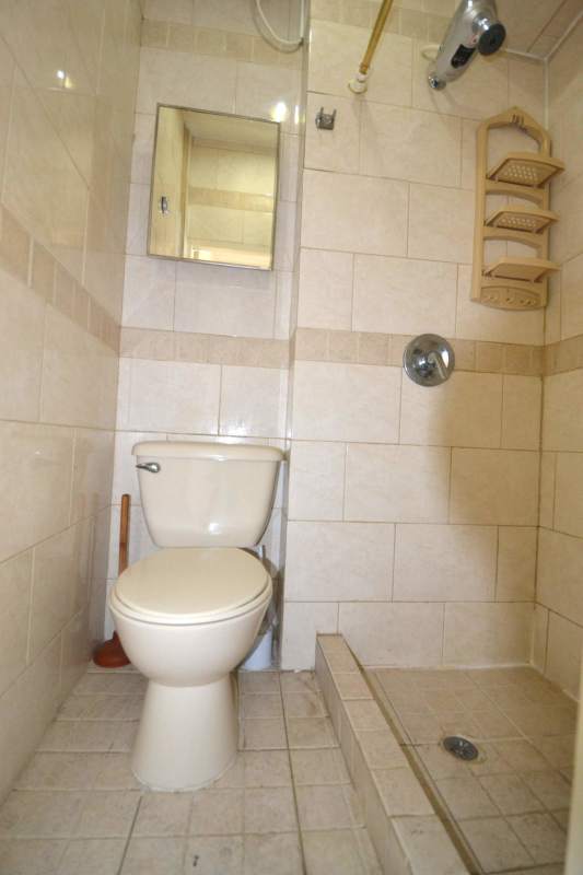 Small bathroom with walk-in shower, beige tiles, simple fixtures in PH Cádiz Calle 50 Bella Vista Panama