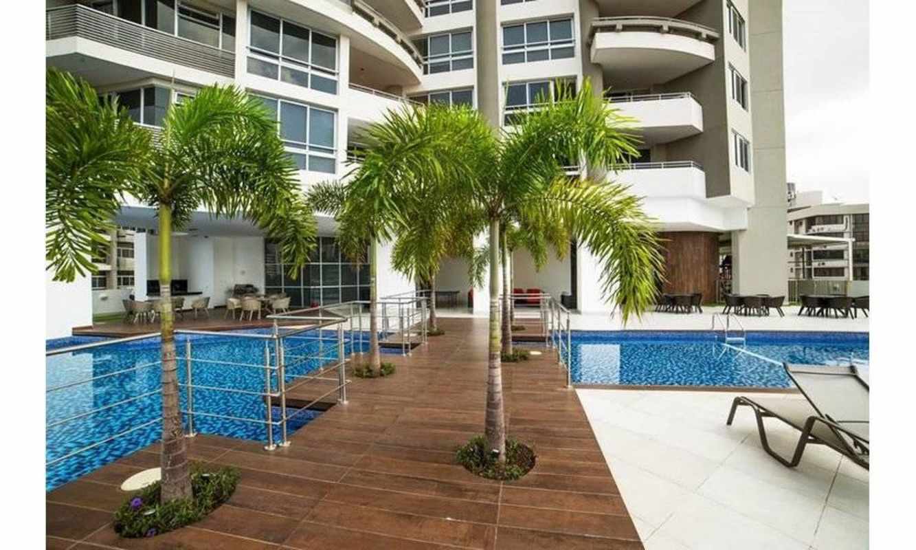 Balcony with panoramic skyline views El Cangrejo apartment Luxor 300 Panama City for rent