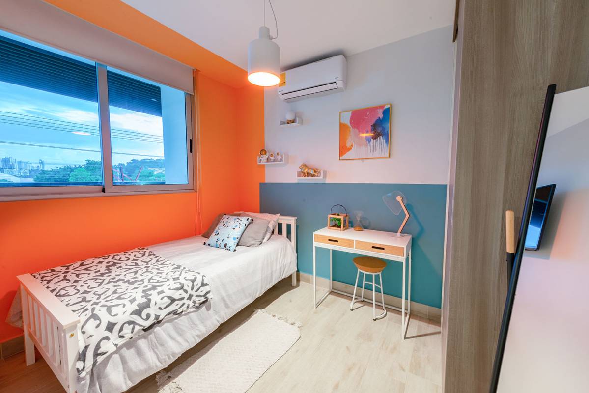 Modern bedroom study desk, colorful design, large window Greenwood Panama City