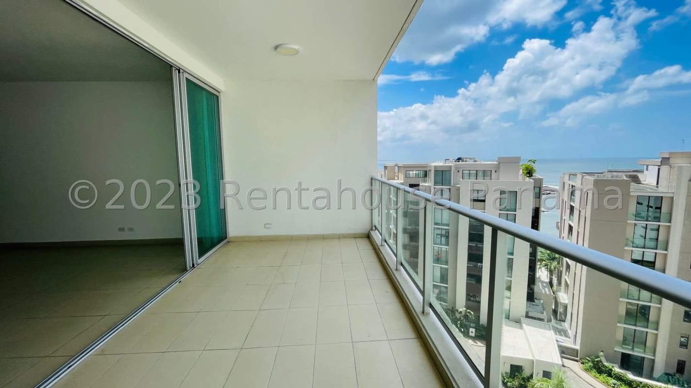 Modern bright living room with sliding doors to balcony ocean views PH Dupont Tower Punta Pacifica Panama