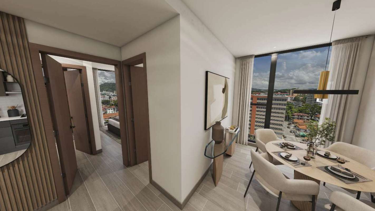 Contemporary kitchen with porcelain floors and dining nook in smart condo Bella Vista Panama