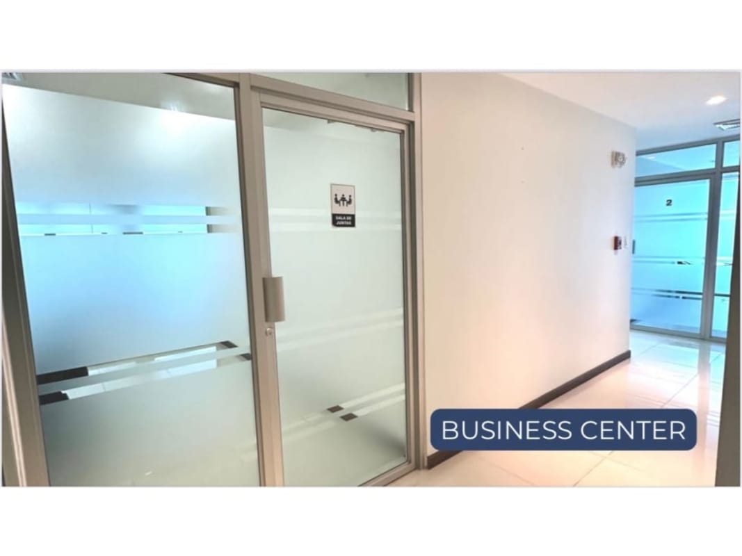 Private offices with glass walls, tile floors, skyline views in Oceania Business Plaza Tower 1000