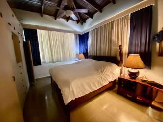 Spacious rustic bedroom with wooden ceiling, fan, and garden views in Coronado beachfront home.