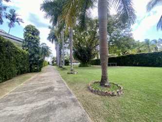 Garden walkway with palm trees and lush landscape at luxury Panama beachfront property.