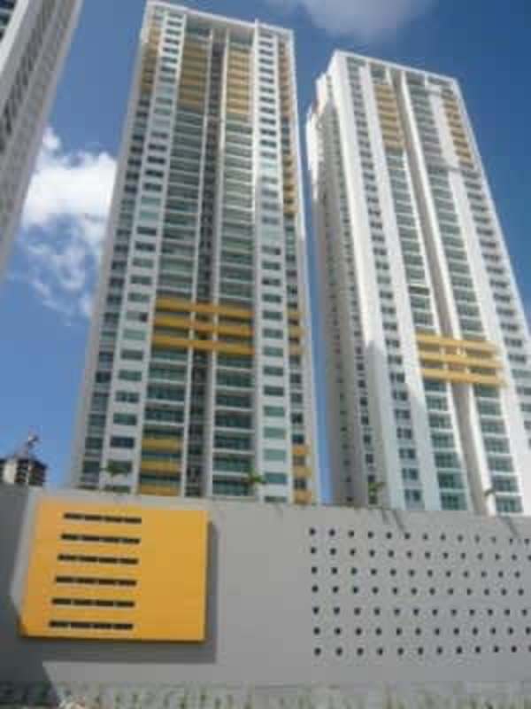 Modern living room with balcony and city view in Quartz Tower furnished apartment Panama City