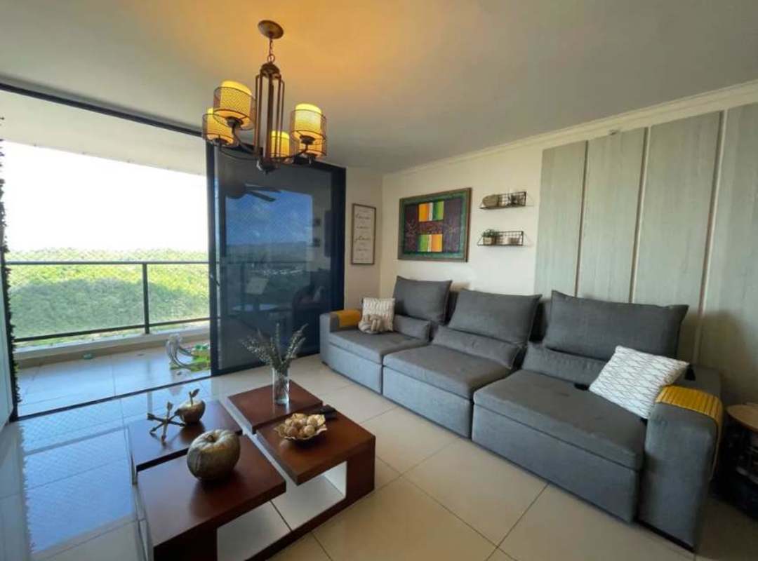 Modern kitchen with appliances and granite counters in furnished apartment PH Portofino Tower Panama