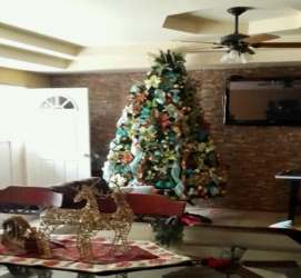 Traditional living room with floral sofa, large window, holiday decor and lamp in PH Sausalito Gardens La Chorrera Panama