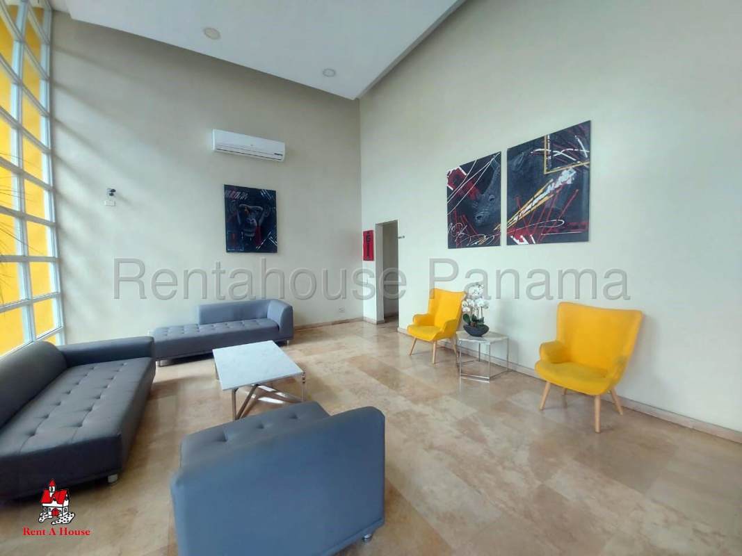 Spacious modern lobby with seating at San Francisco Bay condominium in Panama City