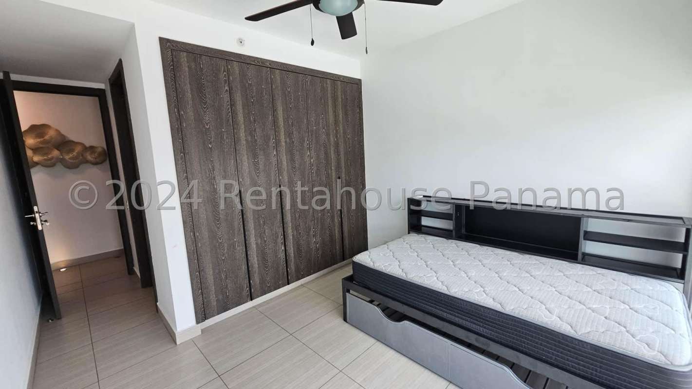 Bathroom with glass-enclosed shower, modern fittings in apartment Costa del Este Panama