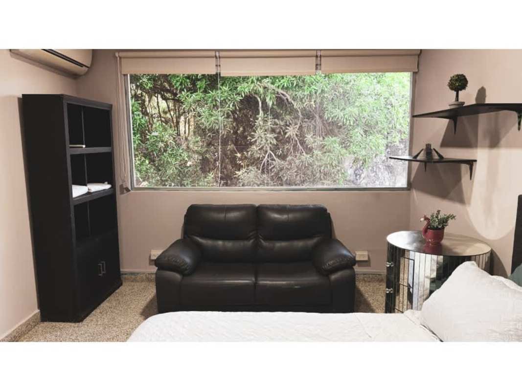 Bright bedroom with garden view, sofa seating, modern decor near Parque Omar Panama
