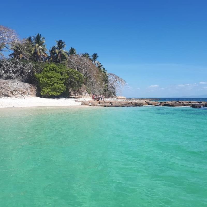 Coastline with white sand beach and tropical trees at private island Las Perlas Panama