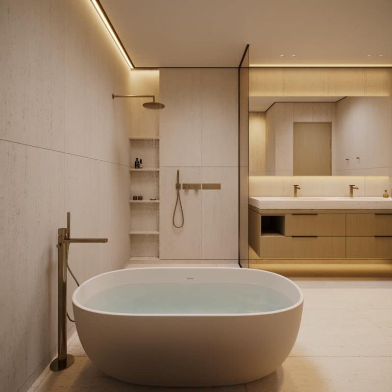 Elegant bathroom with freestanding tub and rainfall shower PH ParkSky Panama