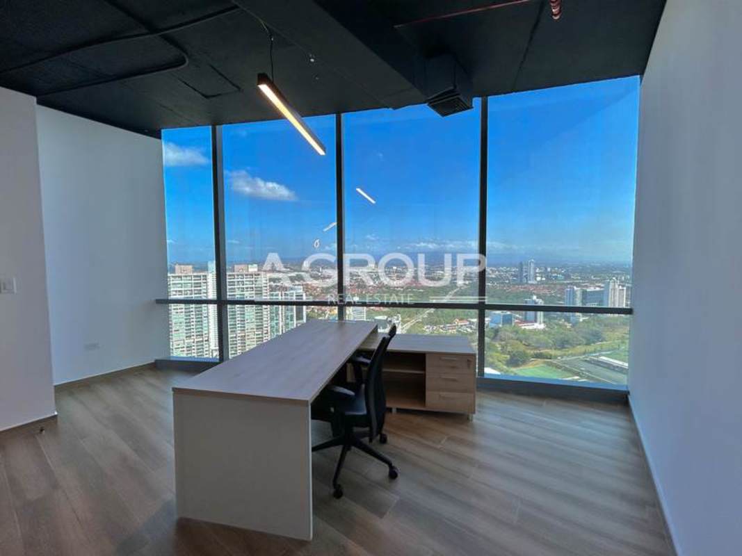 Bright modern office with city skyline panoramic windows at Financial Park Costa del Este Panama